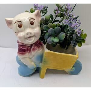 1950's Pig Pushing Wheelbarrow Porcelain/Bisque Miniature Planter 5" Blue Yellow